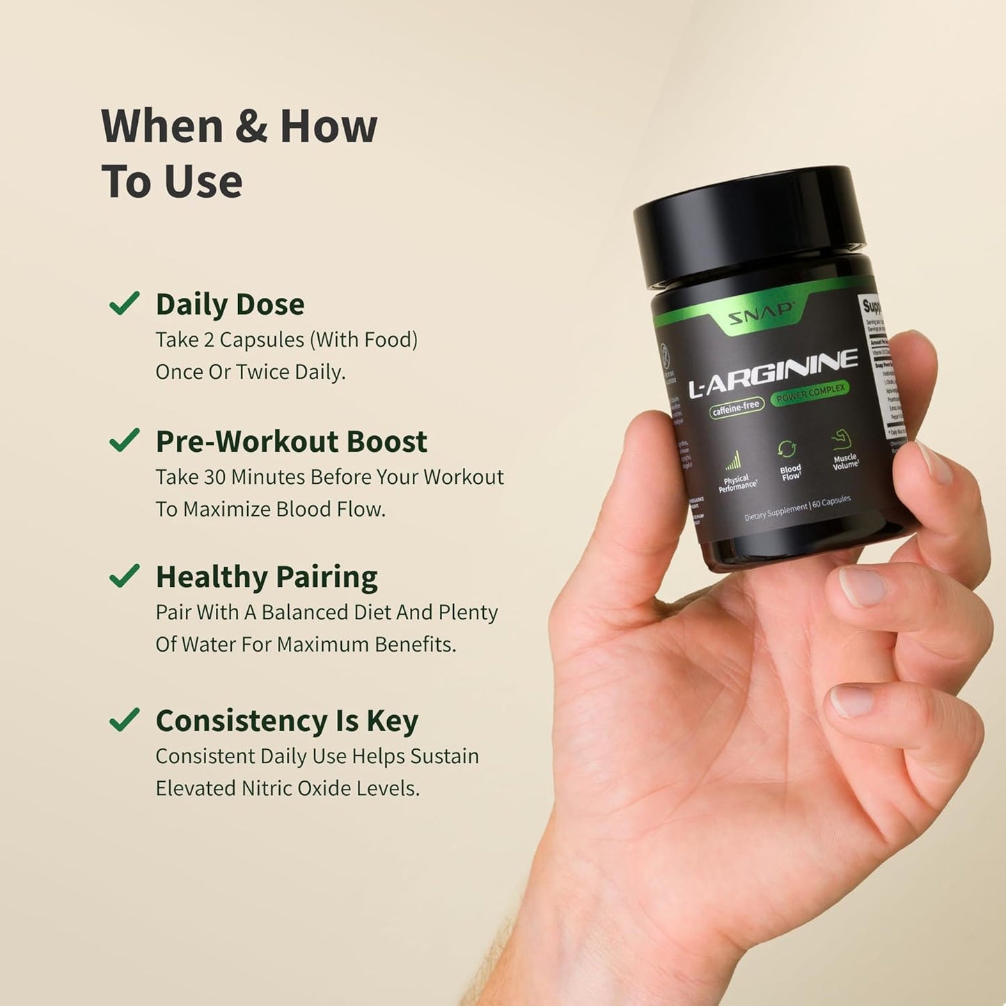 Hand holding a supplement container with usage instructions on a beige background