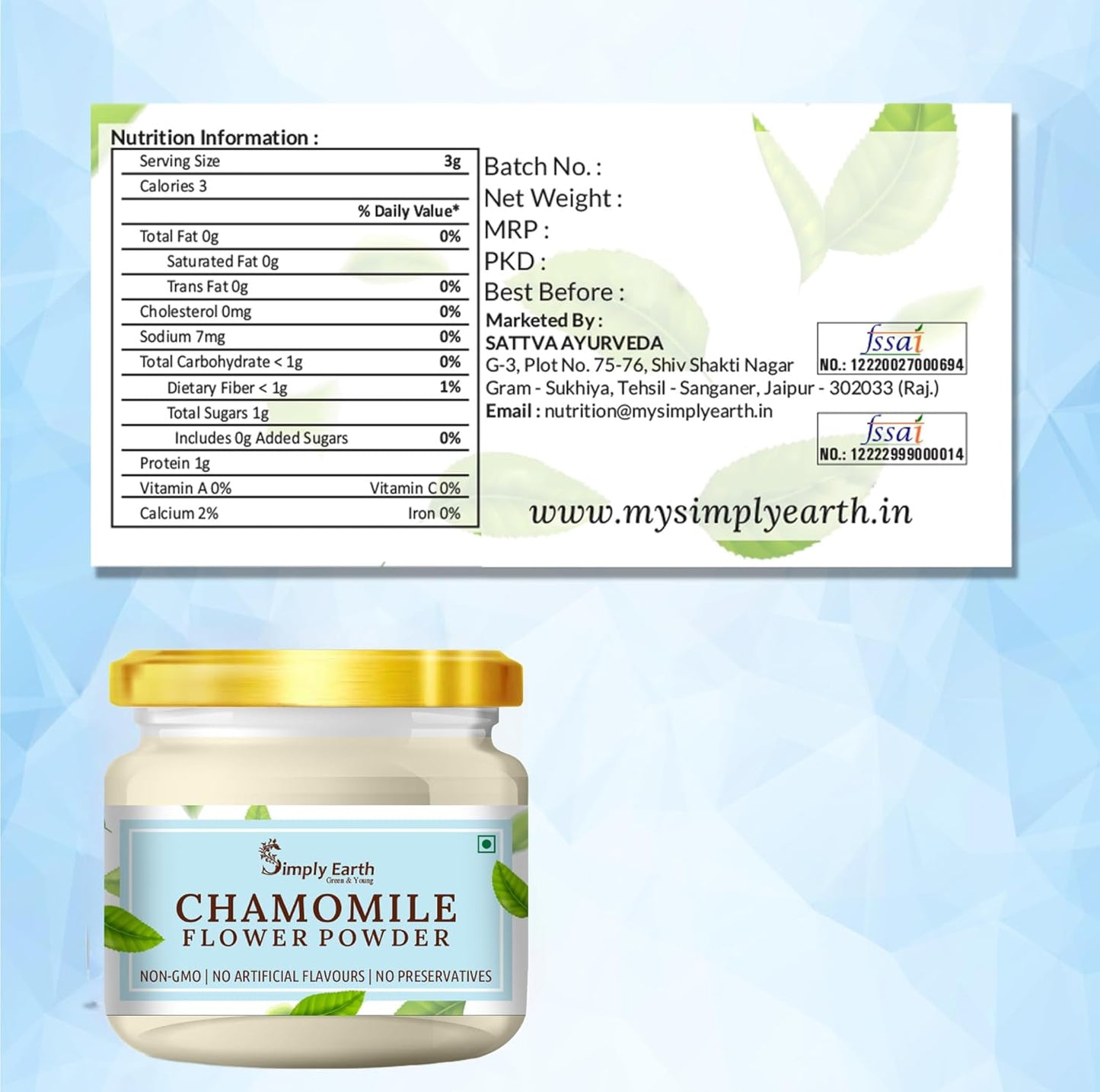 Simply Earth organic Chamomile Flower Powder 100g, Helps Improve Sleep Quality, Boosts Skin and Hair Health, Caffeine Free, Chamomile Tea