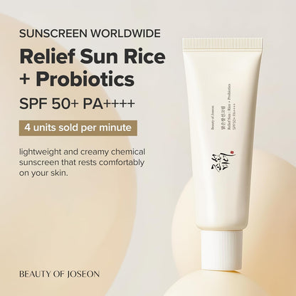 Tube of sunscreen with text about SPF 50+, PA+++ and benefits on a light background