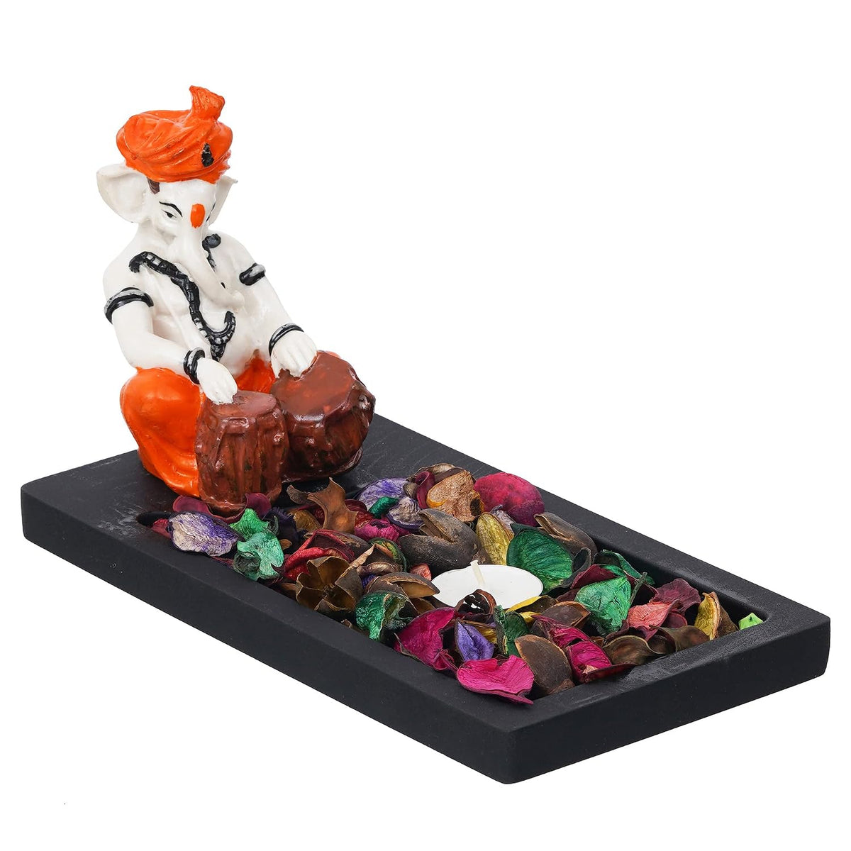 Orange White Resin Lord Ganesha Statue Playing Tabla Showpiece Potpourri Rectangle Tea Light Candle Holder|Ganpati Murti Tea Light Holder Diwali Decoration Items for Home Decor|Diwali Gift