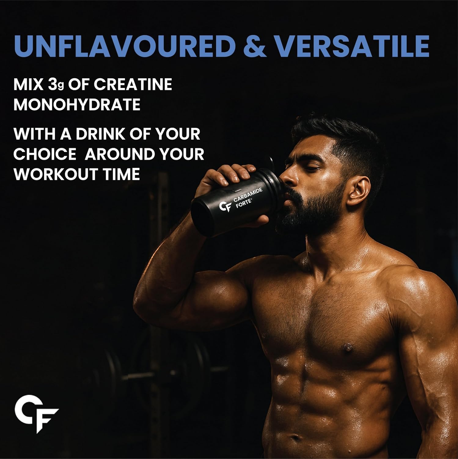 Man drinking from a creatine supplement container with promotional text on a dark background