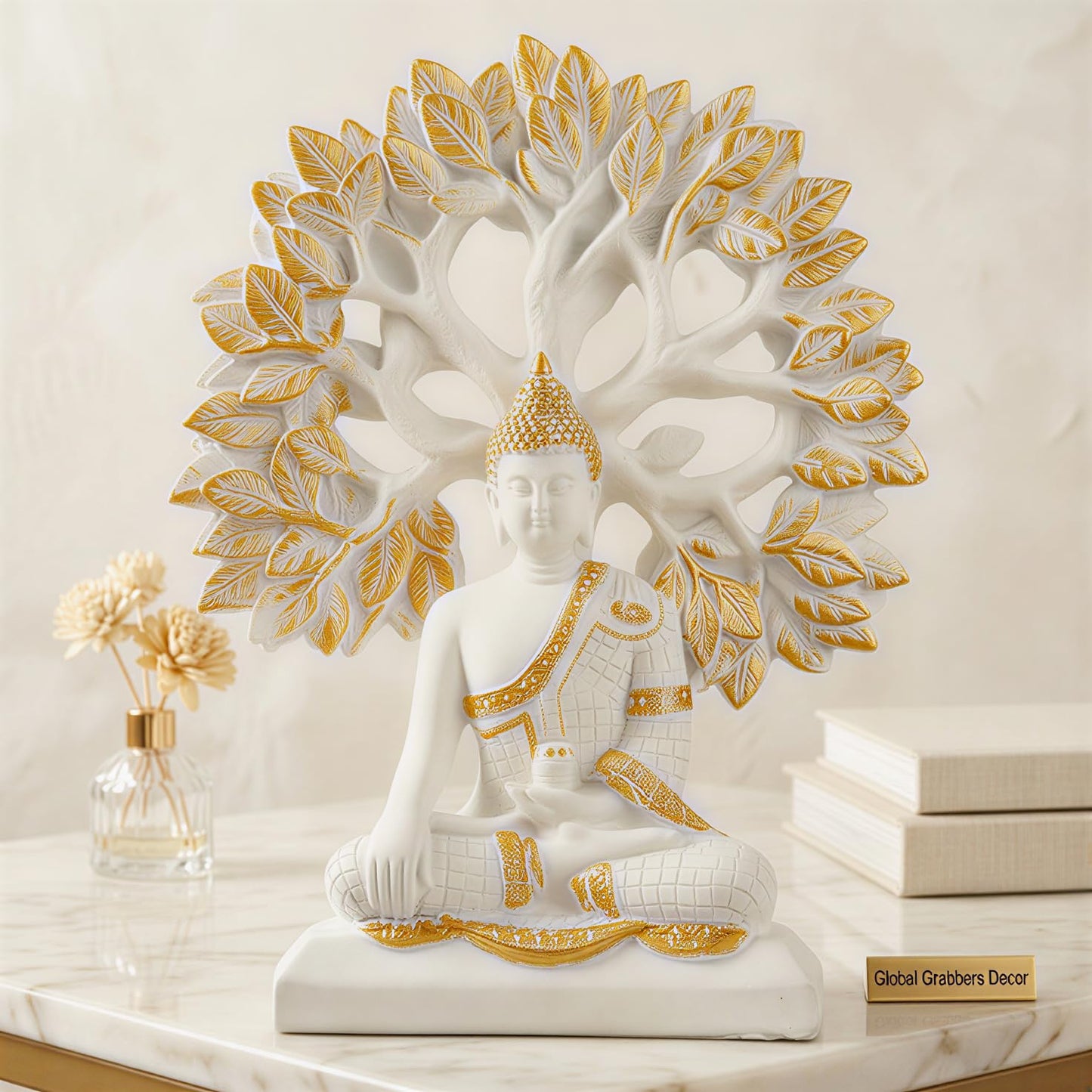 Global Grabbers Buddha Statue Showpiece Idol Home Decor Decoration Items for Living Room and Gifts (White)