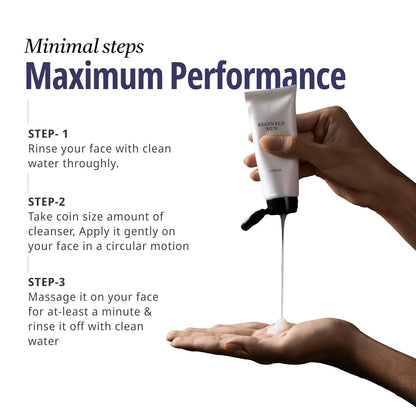 Hand holding a tube of Reginald Men's cleanser with usage instructions on a white background