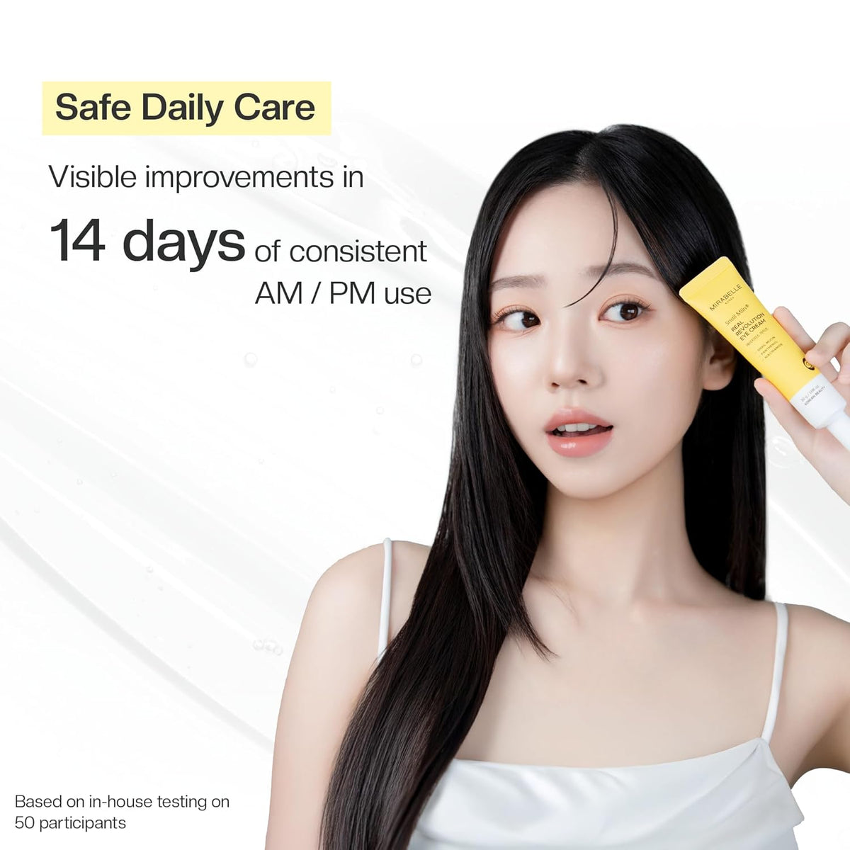 Woman applying a skincare product with text about visible improvements in 14 days.