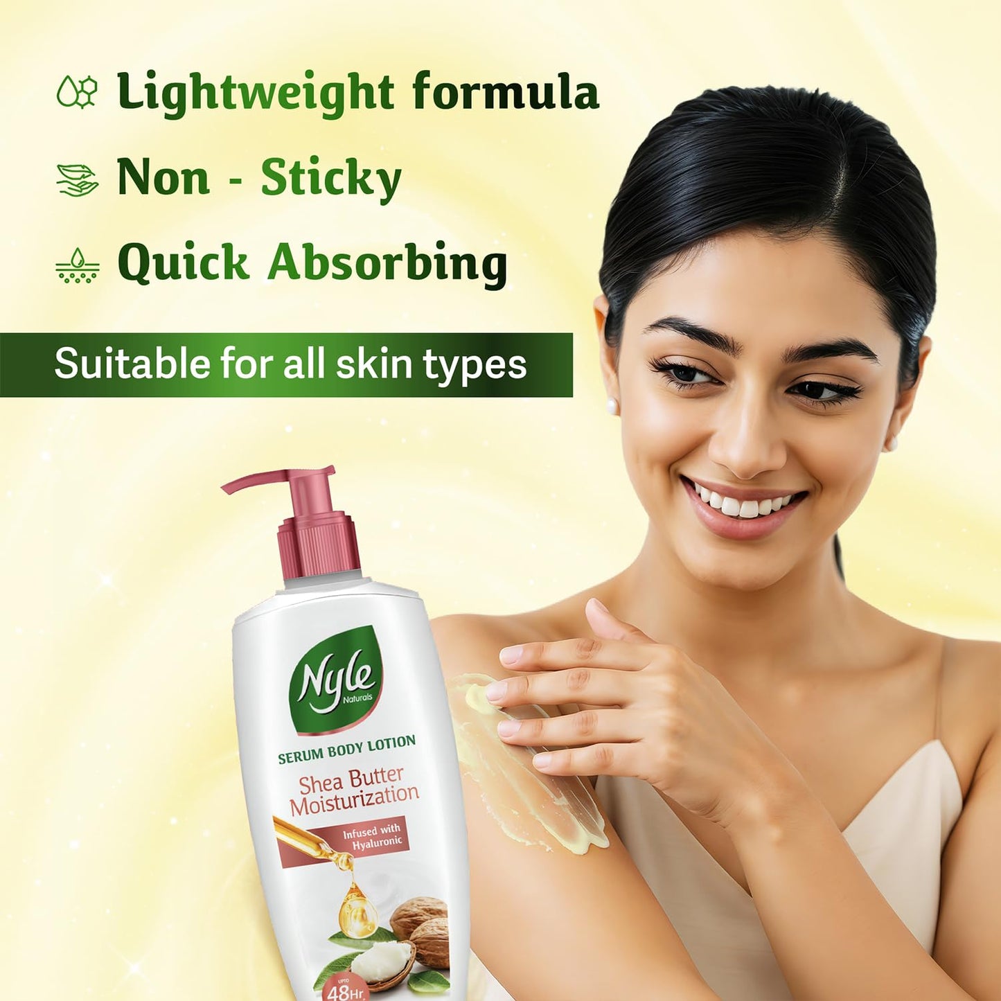 Nyle Serum Body Lotion for All Skin Types | Shea Butter + Hyaluronic + Vitamin B5 | Lightweight, Non-Sticky | 48H Moisturization | Deep Nourish & Soft Skin | 400ml