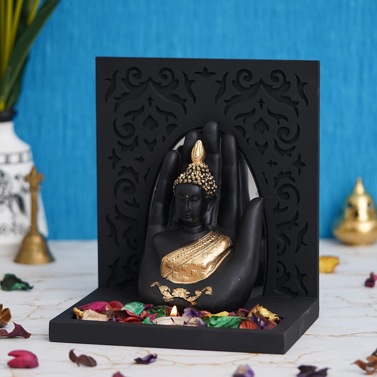 eCraftIndia Gold & Black Polyresin Palm Buddha Showpiece with Rectangle Wooden Base and Background, Fragranced Petals & Tealight