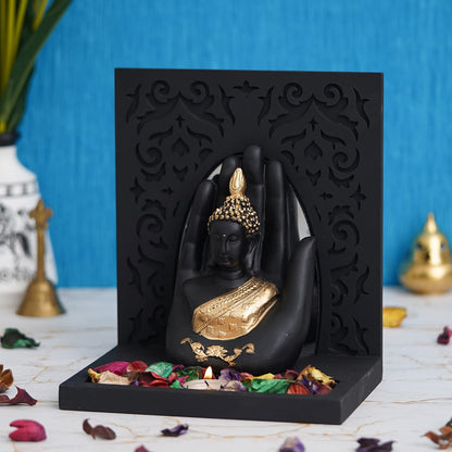 eCraftIndia Gold & Black Polyresin Palm Buddha Showpiece with Rectangle Wooden Base and Background, Fragranced Petals & Tealight