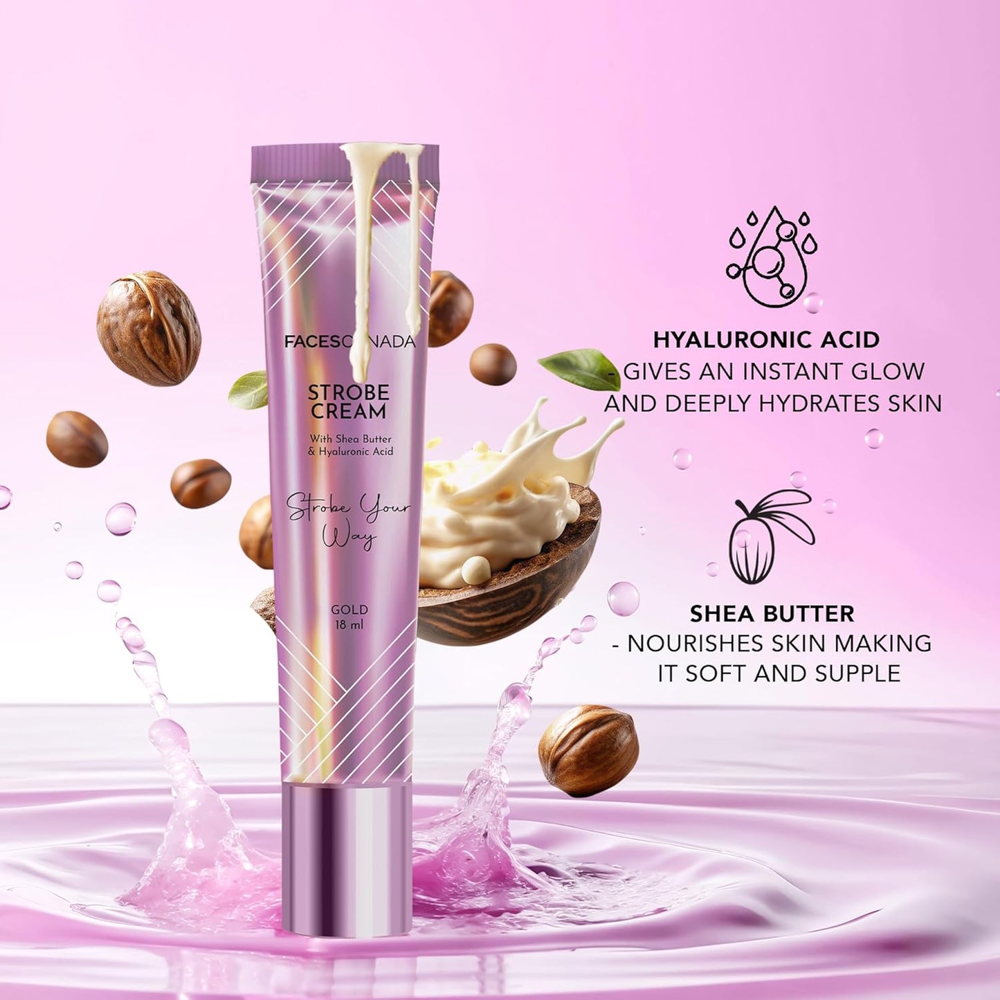 FACES CANADA Strobe Cream Mini- Pink, 18ml | Primer + Highlighter + Moisturizer | Shea Butter & Hyaluronic Acid | Intense Hydration | Flawless Radiant Dewy Skin | Illuminating & Glowing Makeup Base