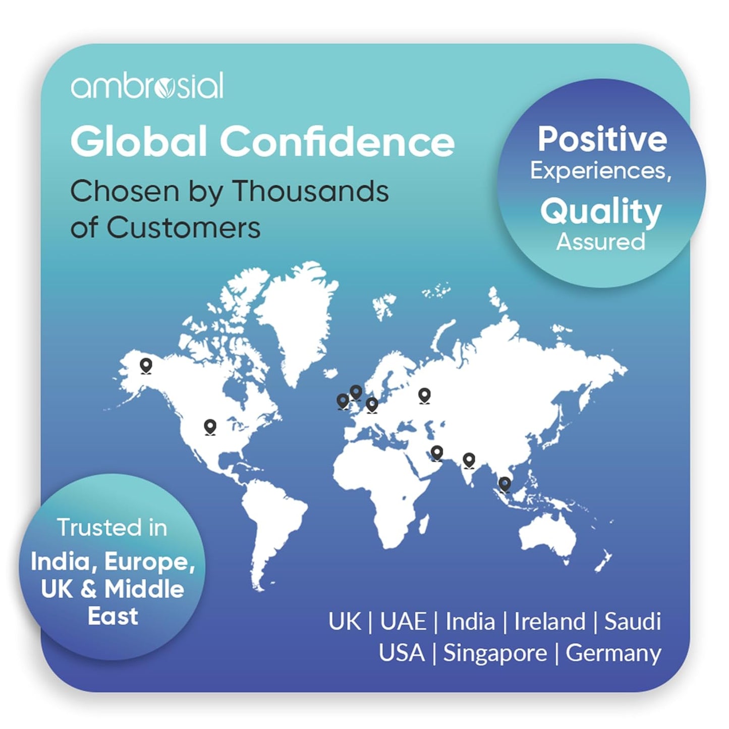 World map with pinned locations and text about global confidence and customer trust, branded with 'ambrosial'.