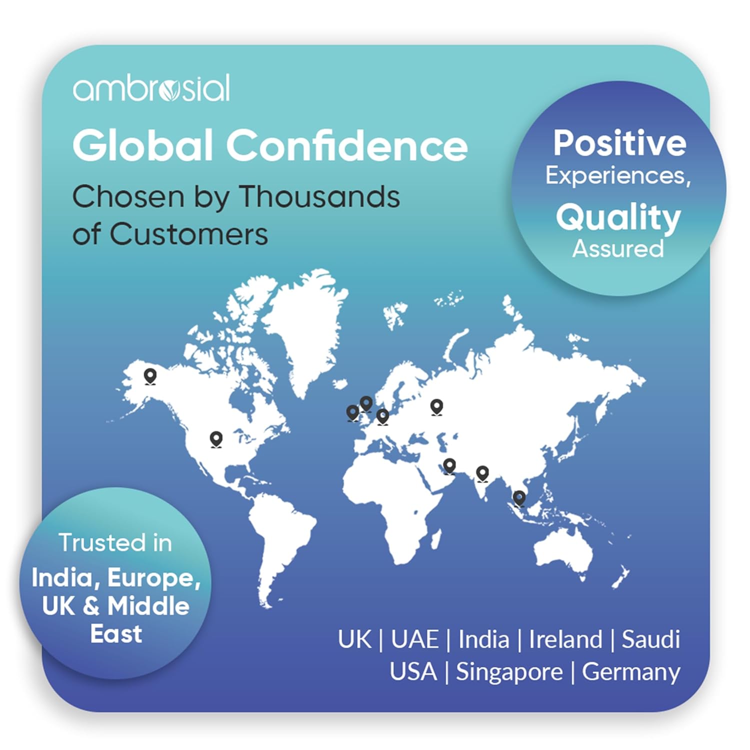 World map with pinned locations and text about global confidence and customer trust, branded with 'ambrosial'.