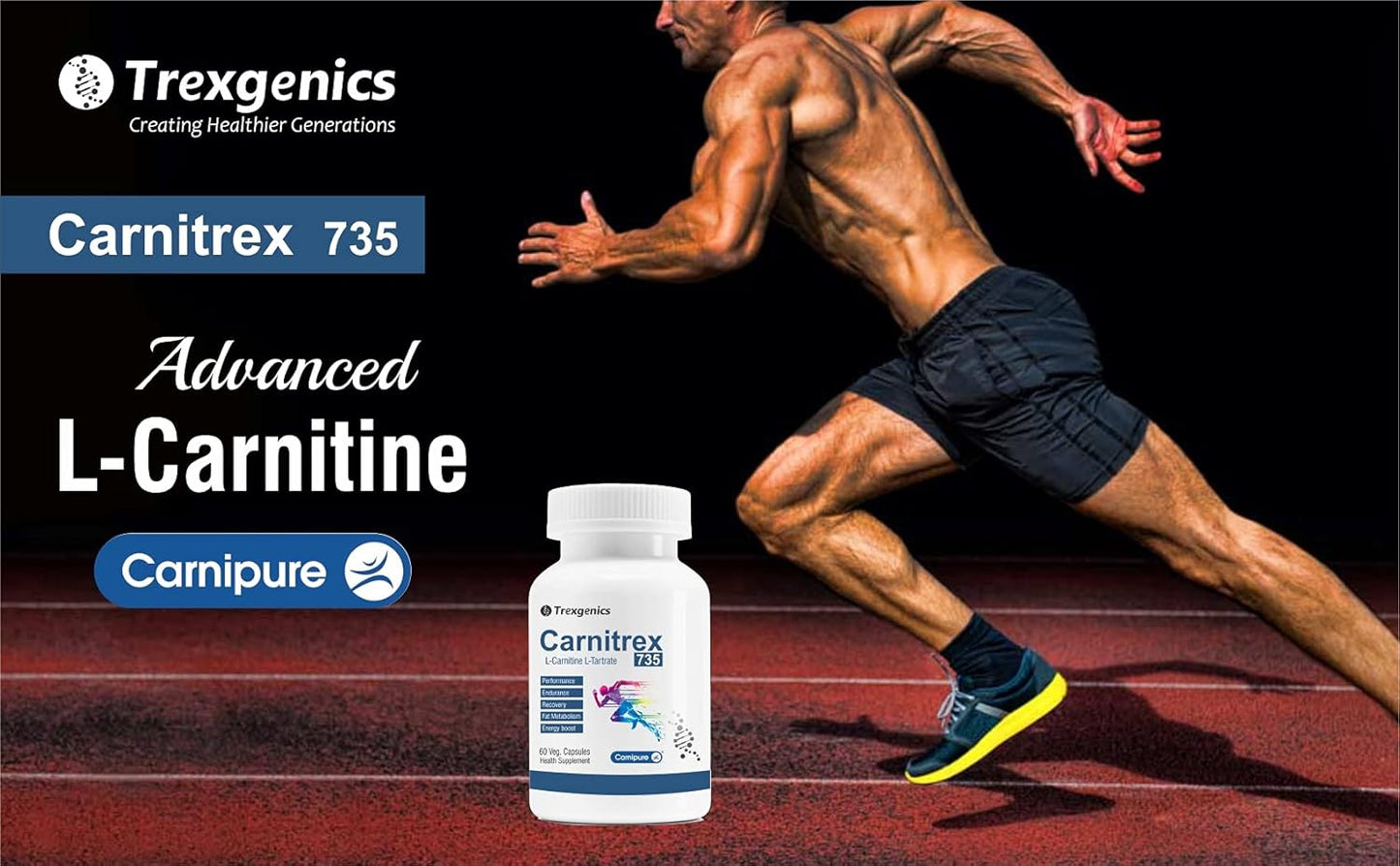 Trexgenics Carnitrex 735 supplement with a muscular person running on a track