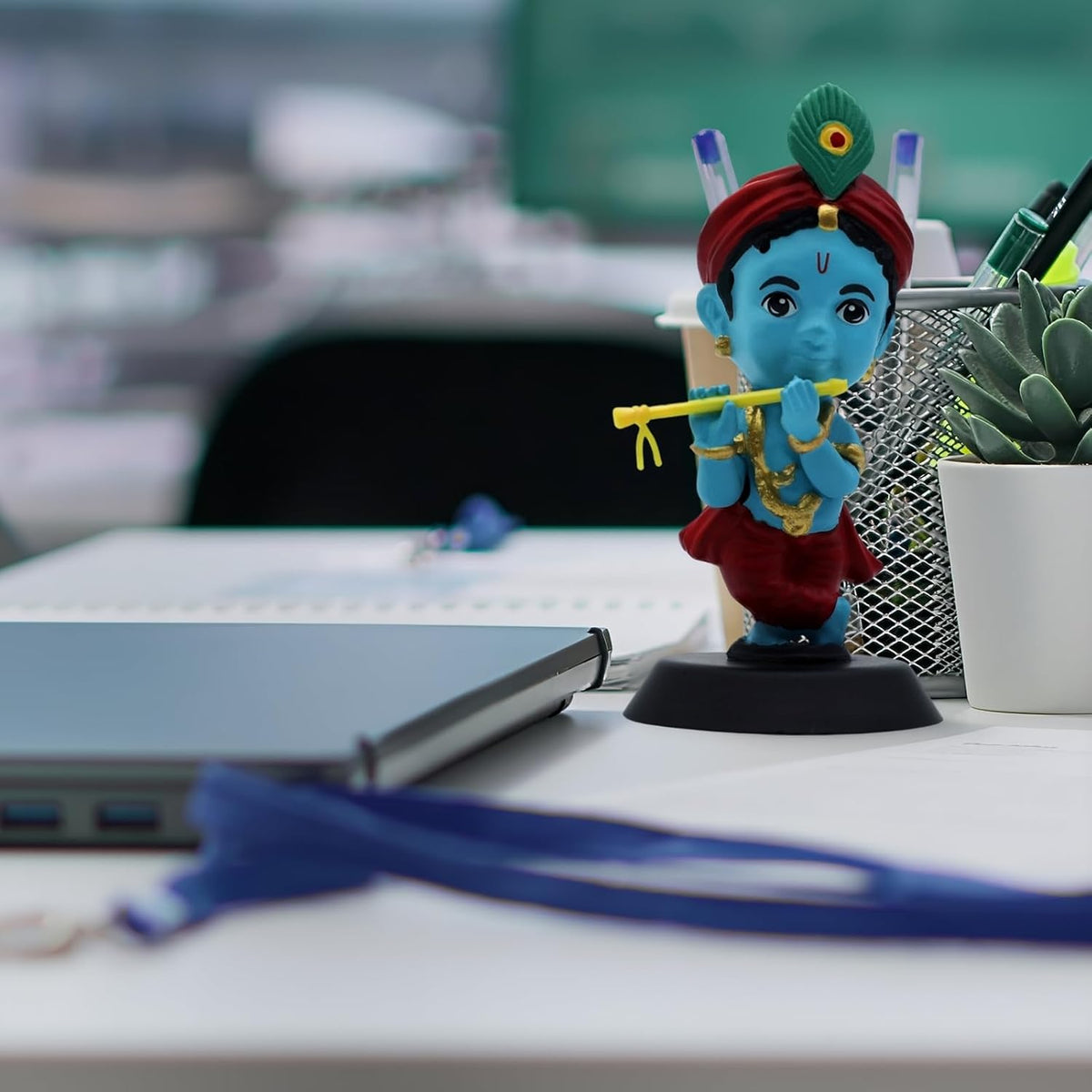 Krishna Ji Figurine Showpiece for Car Dashboard, Home Office | Lord Krishna Murti Statue for Hindu Temple, Spiritual Decor | Gift for Devotees (Bhakti BANSIDHAR Krishna Blue Tone)