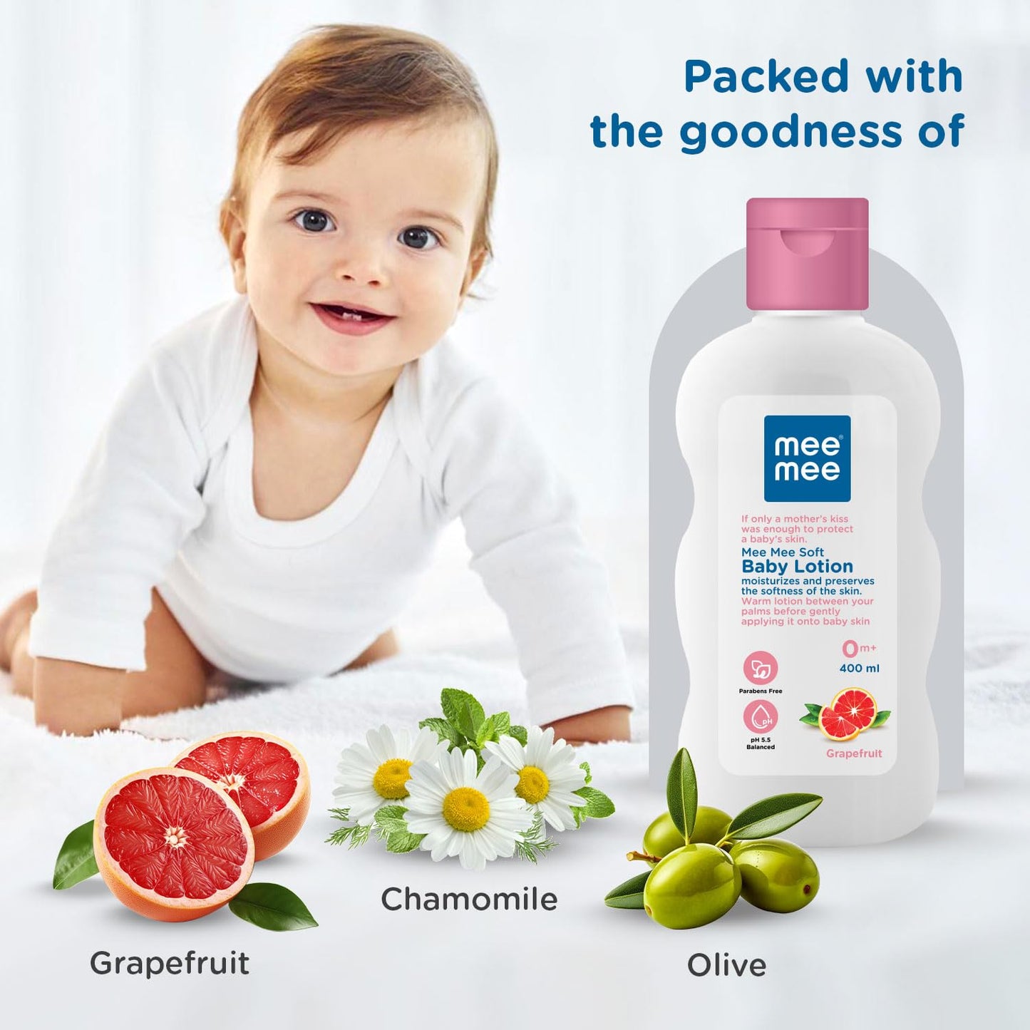 Mee Mee Baby Lotion – Moisture-Rich Cream-Lotion with Triple Botanical Moisture-Lock System | Infused with Chamomile, Olive & Grapefruit Extracts | Hypoallergenic, pH-Balanced & Alcohol-Free for Newborns & Sensitive Skin | 400 ml