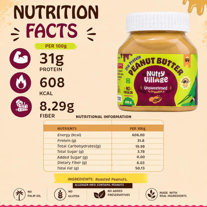 Nutty Village Natural Unsweetened Peanut Butter Crunchy with 31.08g Protein - No Added Sugar and Salt - No Palm Oil - Vegan and Gluten free - 325g Peanut Butter