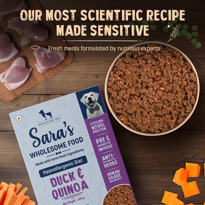Sara’s Wholesome by HUFT Hypoallergenic Duck & Quinoa Wet Dog Food – 100 gm | Sensitive Stomach Formula | Human-Grade Ingredients | Complete & Balanced Nutrition | Suitable for Puppies & Adult Dogs
