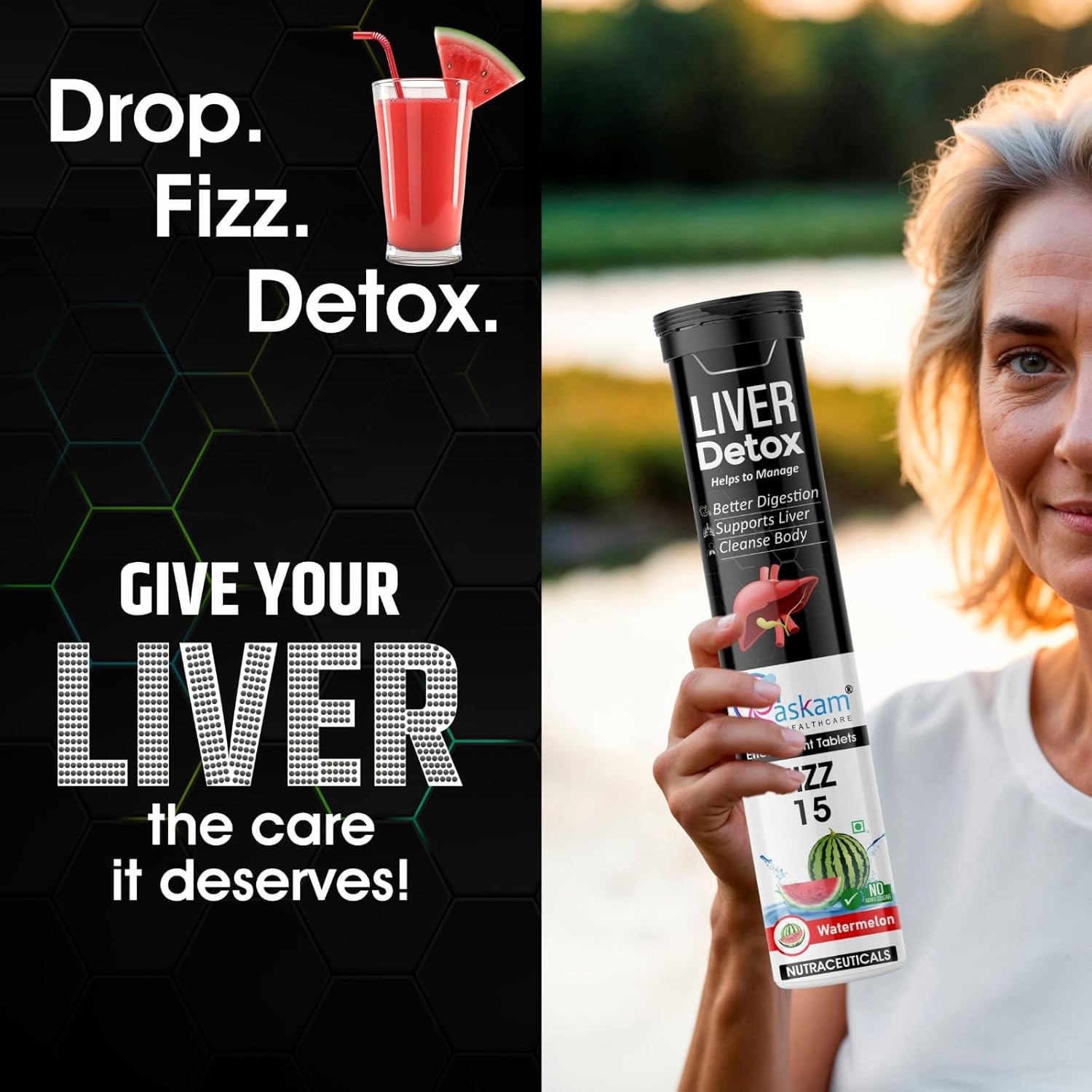 Woman holding a supplement bottle with promotional text about liver detox on a scenic background