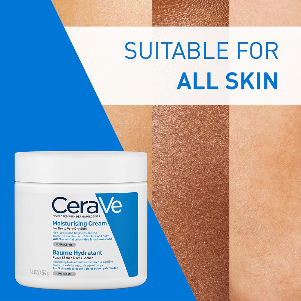 CeraVe moisturizing cream jar with skin color swatches and 'Suitable for all skin' text