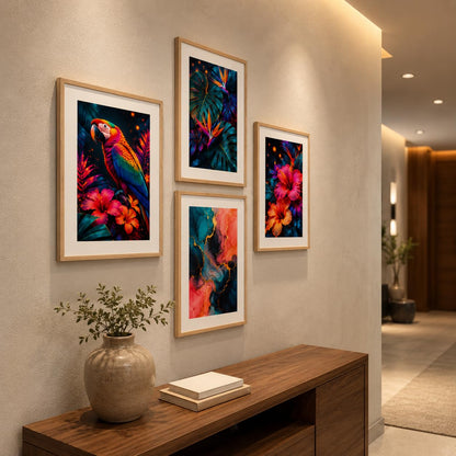 Set of 4 Tropical Parrot Floral & Abstract Wall Paintings with Sparkle Laminate and Premium Wooden Synthetic Frame for Living Room Bedroom Office Decor (13.5 x 19.5 Inch)