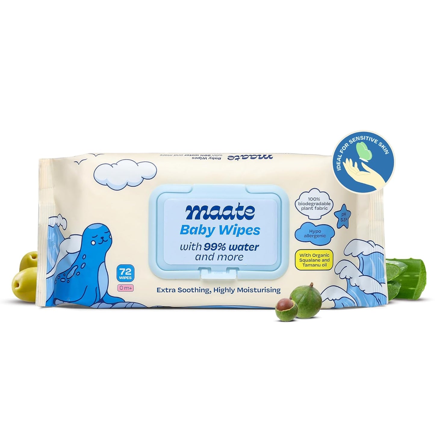 Maate Baby Wipes (Pack of 1, 72 Wipes) | Soothing & Hypoallergenic | Infused With Plant Squalane, Tamanu Oil & Aloe Vera | Moisturizing & Hydrating | Wipe for Baby's | Paraben & Sulphate Free