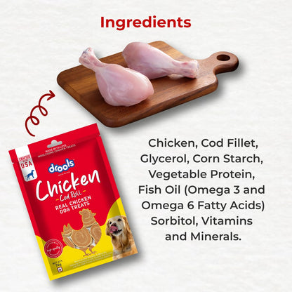Drools Adult & Puppy Dog Cod Roll Treats 70g | Real Chicken Flavour | Rich in Protein | No Artificial Preservatives | Best for Training & Bonding | All Breed
