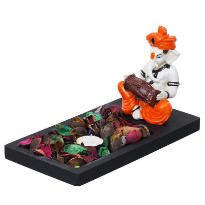 Orange White Resin Lord Ganesha Statue Playing Dholak Showpiece Potpourri Rectangle Tea Light Candle Holder|Ganpati Murti Tea Light Holder Diwali Decoration Item for Home Decor|Diwali Gift
