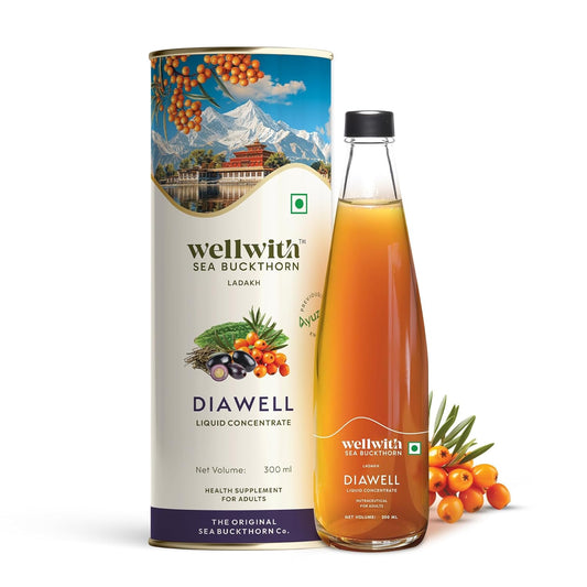 Wellwith (Ayuzera) DiaboWin (Diawell) Seabuckthorn Pulp With Karela & Jamun Diabetic Care Juice 300ml | Chirata and Punarnava | Ayurvedic | Makes Upto 50 Glass Juice (300ml, Pack of 1)