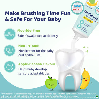 Chicco Toothpaste for Kids, Best for Baby (6m-6y), Apple-Banana Flavour, 50g | Fluoride-Free & Low Abrasive | Removes Plaque, Helps Prevent Cavities | IDA Accepted