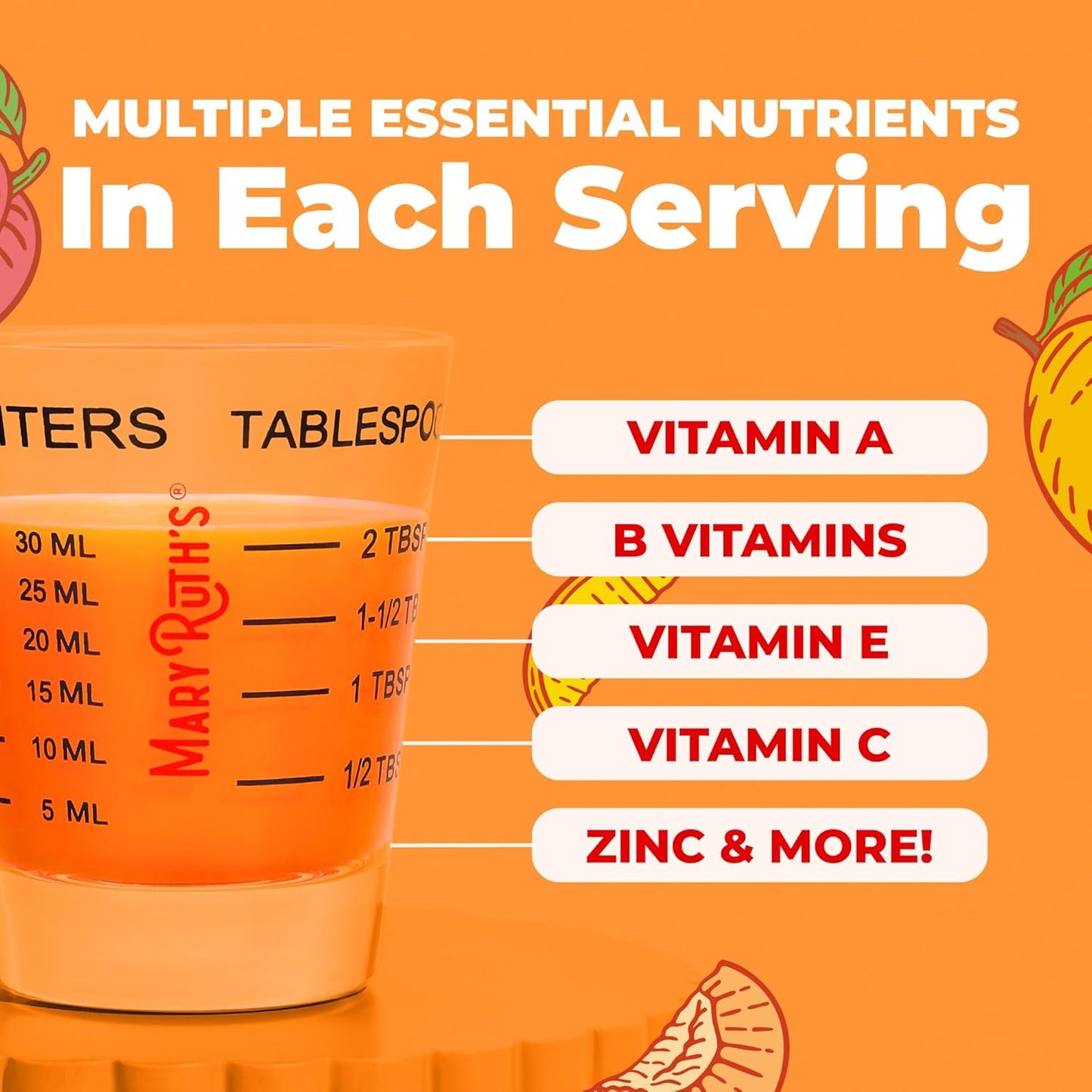 Mary Ruth's product with nutritional information on an orange background