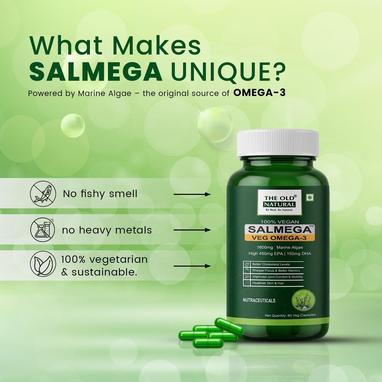 The Old Natural Salmega Veg Omega 3 Algal Oil Capsules – 1600mg Marine Algae Omega (450mg EPA & 150mg DHA) | Plant Based Omega 3 Supplement | Vegetarian DHA for Heart, Brain, Joint & Immunity Support | 60 Veg Capsules