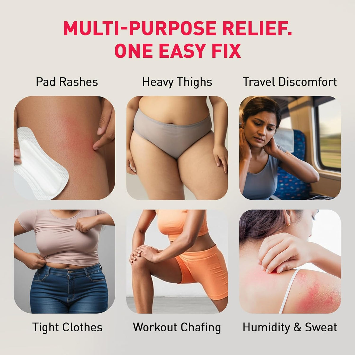 Product advertisement showing its use for various comfort issues with images of skin conditions and people experiencing discomfort.