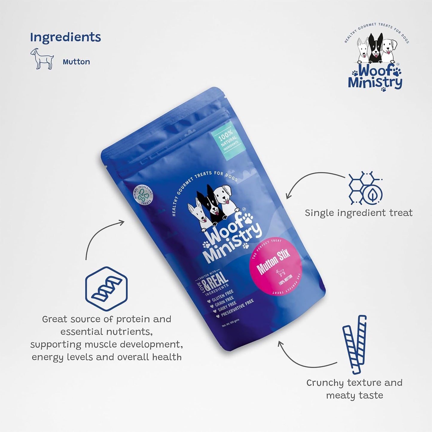 Woof Ministry Mutton Stix for Dogs, Single Ingredient Dehydrated Dog Treats (Non Veg Treats -100 Grams)