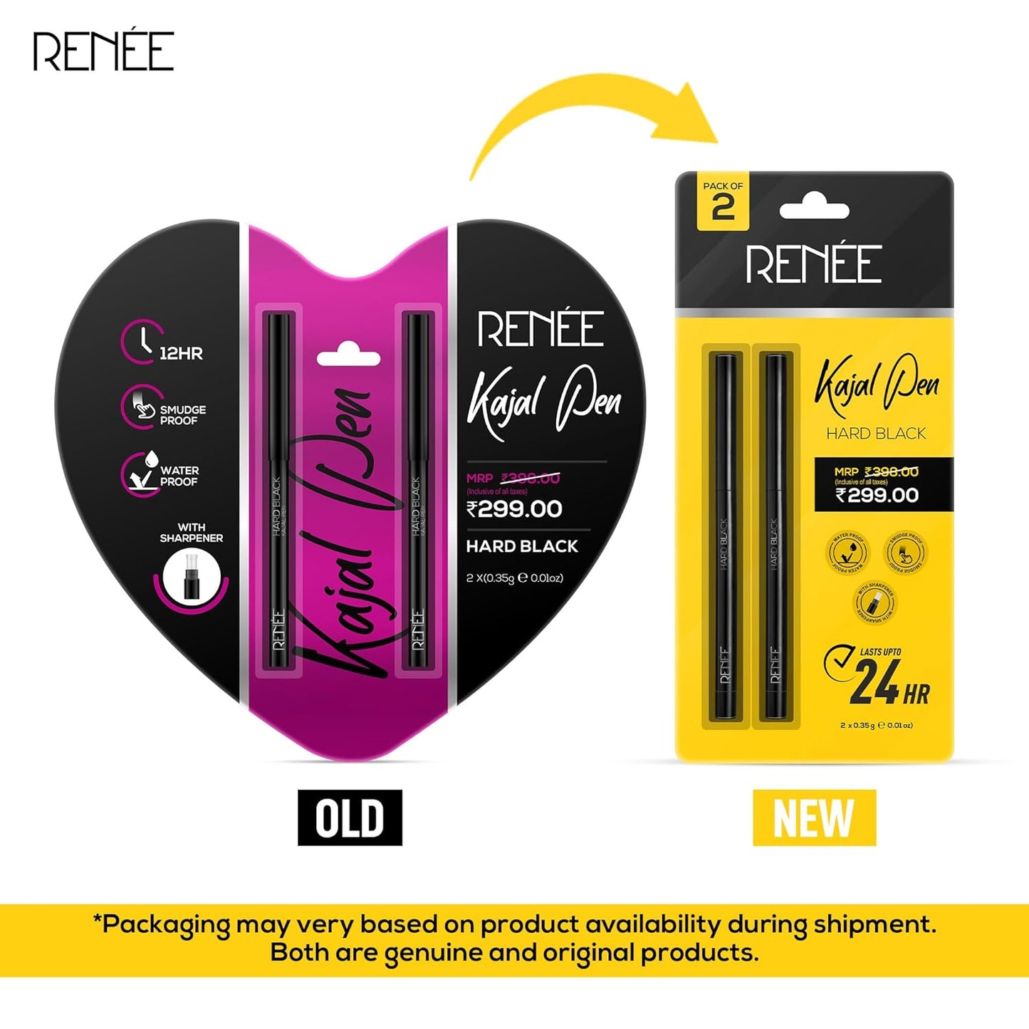 RENEE Hard Black Kajal Pen with Sharpener 0.35gm, Pack Of 2 | Matte Finish | Rich Color Payoff | Long Lasting Upto 24hrs, Smudge & Water Proof Formula
