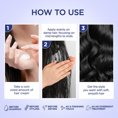 Step-by-step guide on how to use hair cream with images and text.