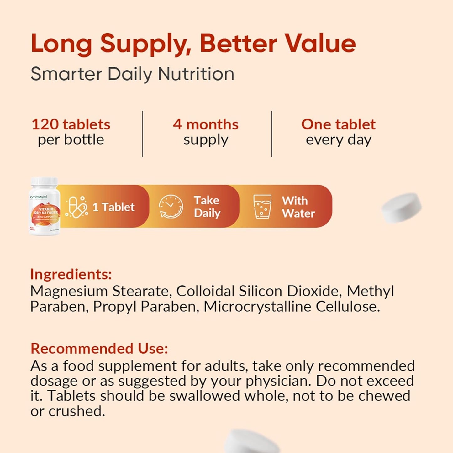 Nutritional supplement packaging with text on daily intake and ingredients.