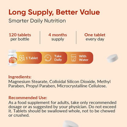 Nutritional supplement packaging with text on daily intake and ingredients.