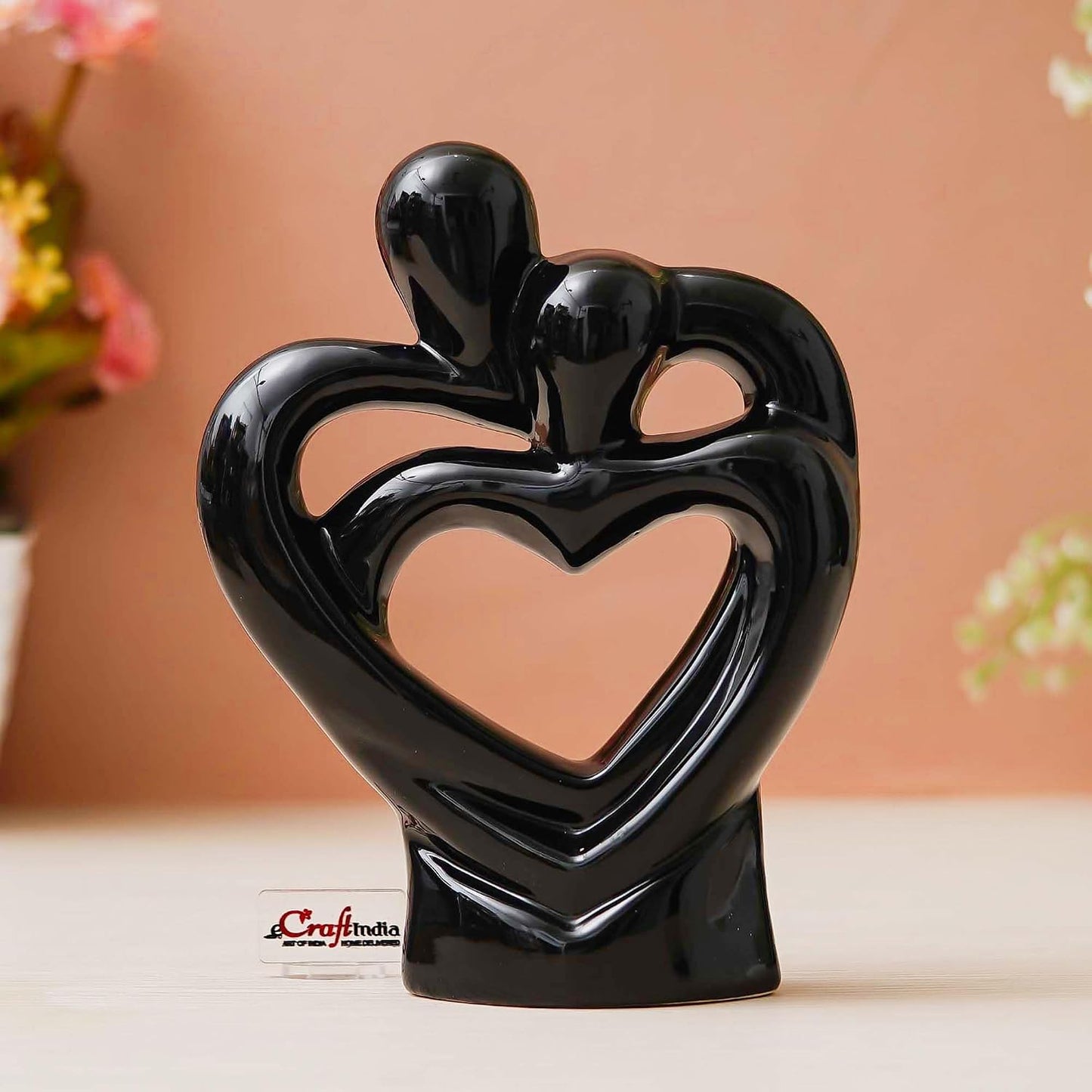 eCraftIndia Creative Modern Double Heart Romantic Couple Statue Showpiece(Resin Black)| Home Decoration Items for Living Room Bedroom Hall Office|Home Decor Gifts for Birthday Housewarming Anniversary