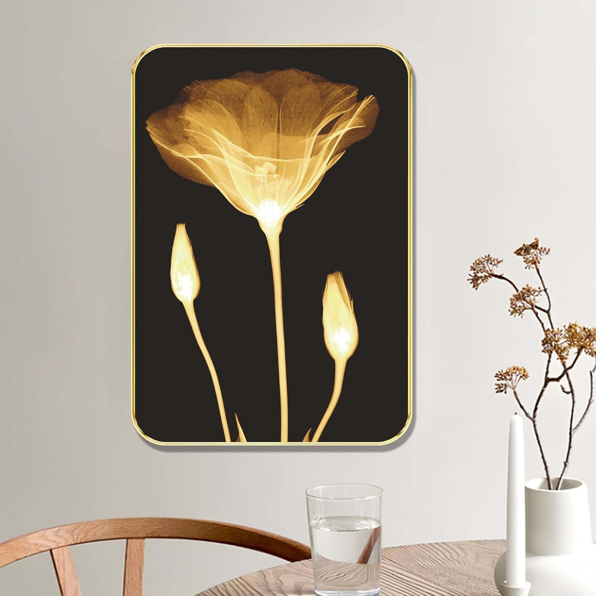 Golden Floral Wall Painting | Glowing Flower Artwork with Black Background | Modern Decorative MDF Frame for Living Room, Bedroom, Office & Home Interior Wall Décor (19 x 13 Inch) MG01-1038