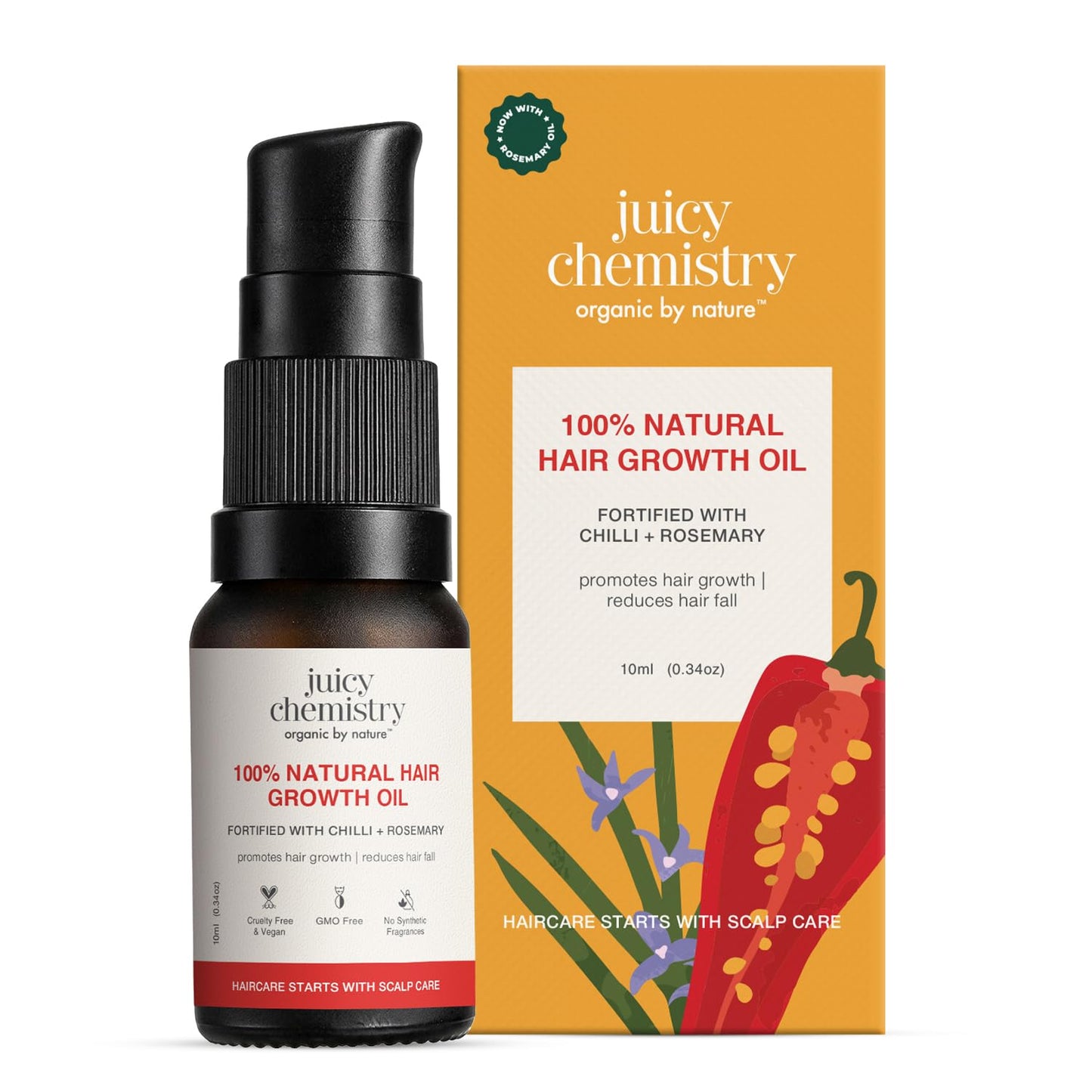 Juicy Chemistry 100% Natural Chilli + Rosemary Hair Growth Oil, 10ml | Promotes Hair Growth | Strengthens & Reduces Hair Fall | Revitalises Scalp & Hair | Improves Hair Texture | Restores Shine | Clinically Proven