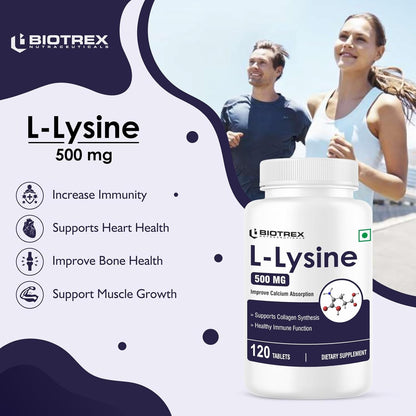 Biotrex Nutraceuticals L-Lysine 500mg | Supports Muscle Growth & Healing | Improve Calcium Absorption & Bone Health | Boost Immunity | L-Lysine Amino Acid | 120 Tablets