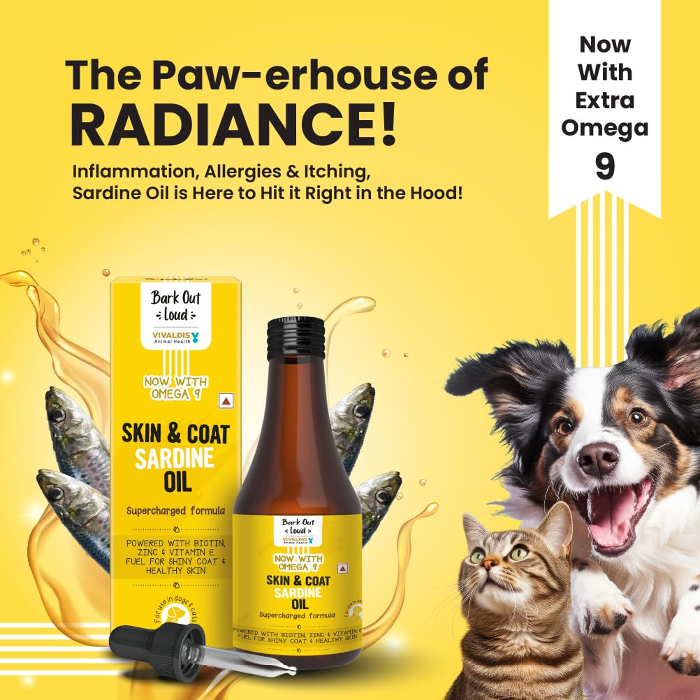 Bark Out Loud by Vivaldis Sardine Oil - Skin & Coat Supplement for Dogs and Cats Formula for Healthy Skin, Glowing Coat & Boosted Immunity, Omega 3,6 & 9 Biotin & Zinc (Dogs & Cats) 200ml