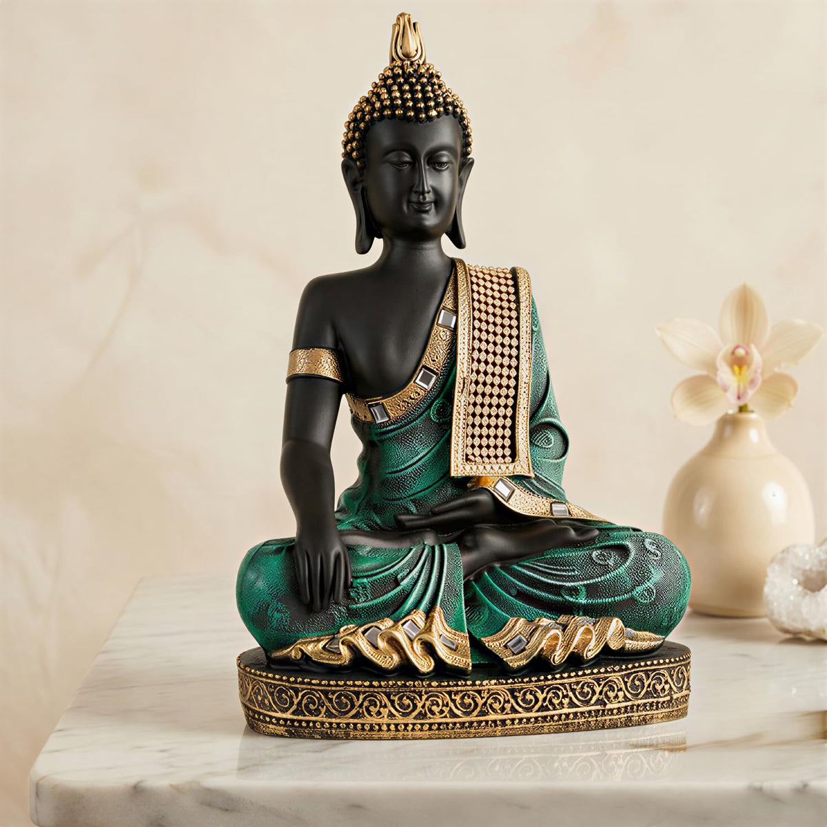Buddha Idol Statue | Home Decoration Items for Living Room (Green Black)