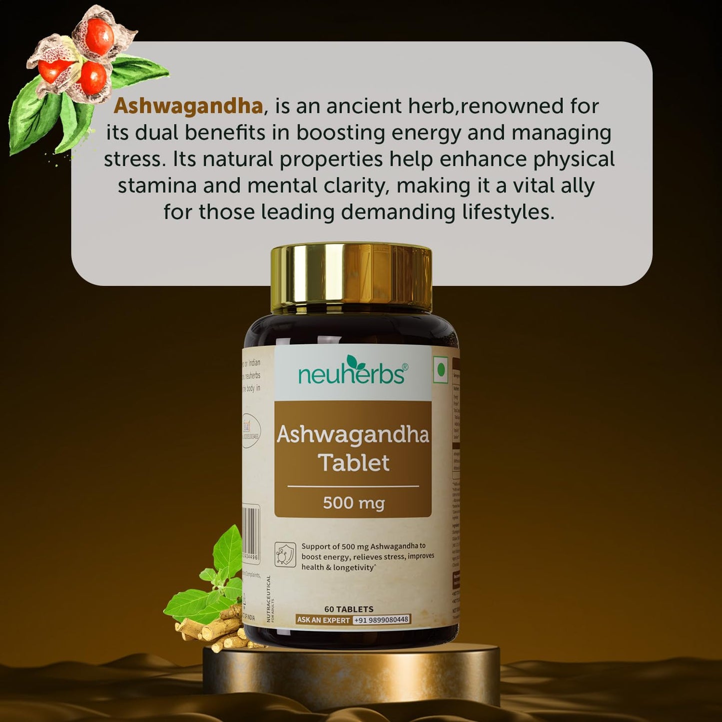 Neuherbs Ashwagandha 500mg Tablets For Men & Women | Manage Anxiety & Stress Relief | Ashwagandha Supplements To Boost Energy, Immunity & Strength | Supports Sleep Cycle - 60 Tablets