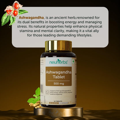 Neuherbs Ashwagandha 500mg Tablets For Men & Women | Manage Anxiety & Stress Relief | Ashwagandha Supplements To Boost Energy, Immunity & Strength | Supports Sleep Cycle - 60 Tablets