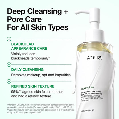 Anua Heartleaf Pore Control Cleansing Oil Removes Makeup, Excess Sebum, Blackheads & Clogged Pores