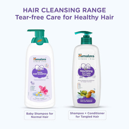 Himalaya Baby Shampoo and Nourishing 2-in-1 Baby Shampoo on a white background with text about hair cleansing range.
