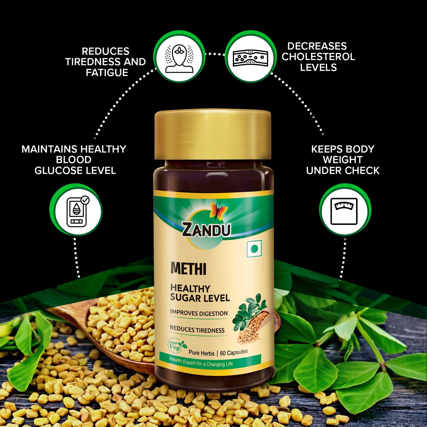 Zandu Methi Capsules (Fenugreek), Extracts of Methi known for High Content of Fibers and Antioxidants, Helps to Flush out Toxins from Body & Helps Maintain Healthy Sugar Levels - (60 Veg Capsules)