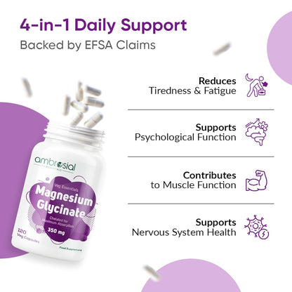 Ambrosial Magnesium Glycinate supplement bottle with benefits listed on a white background