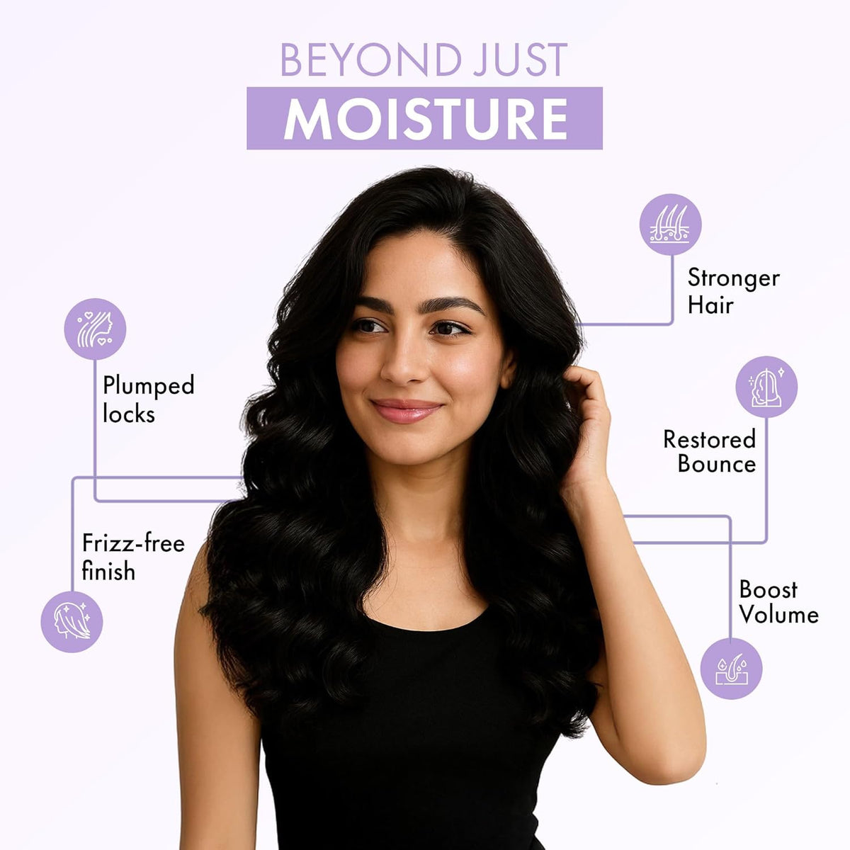 Woman with long, healthy hair on a white background with text about hair care benefits.