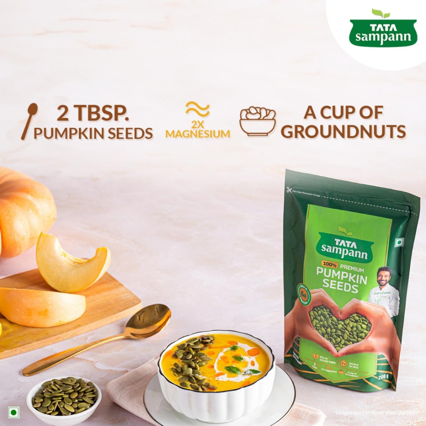 Tata Sampann Pumpkin Seeds, 200g, Rich in Protein, Dietary Fibre, Magnesium & Phosphorus, Raw & Unroasted Pumpkin Seeds, Source of Iron & Zinc, Handpicked Seeds, Resealable Pack