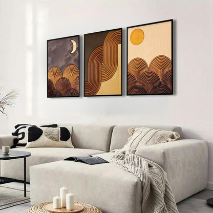 Mid-Century Modern Wall Art Set of 3 - Abstract Geometric Prints for Living Room Decor - Boho Sun and Moon Landscape Art With Frame
